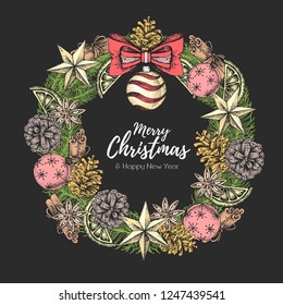 Christmas design. Christmas holiday decorative wreath. Hand drawing vector illustration