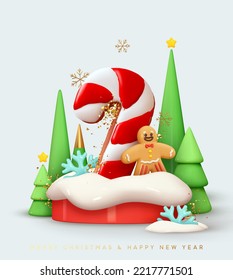 Christmas design holiday gift card, banner, web poster. On the round snow podium Gingerbread red candy cane, gingerbread man, cone abstract green fir trees, falling snowflakes . Vector illustration