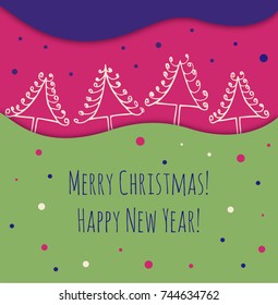 Christmas design. Holiday poster. Christmas trees. Xmas card with decorative spruces. Artistic banner
