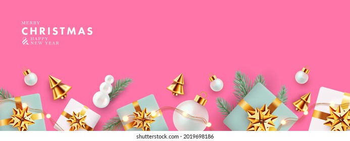 Christmas design with horizontal border made of realistic fir branches, gift boxes, gold conical Christmas trees, balls and lights on pink background. Xmas banner, cover, poster, card, website header
