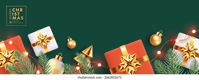 Christmas design with horizontal border made of realistic fir branches, gift boxes, golden conical Christmas trees, balls and lights on deep green background. Xmas banner, poster, card, website header