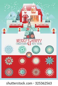 Christmas Design with House, Winter Landscape and Snowflakes