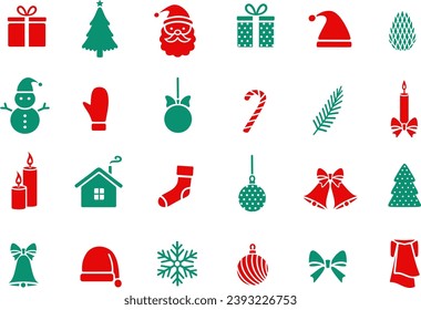 icono de elementos de diseño de Navidad. Campanas de jingle con arco, bola, abeto, caja de regalo, capucha, cono, bastón de caramelo, vela, muñeco de nieve, Santa Claus. Juego de accesorios de vacaciones. Feliz Año Nuevo ilustración vectorial.