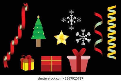 Christmas design icons set, Christmas tree, gift box, ribbons, stars, snowflake, easily editable icons for your design, vector art illustration