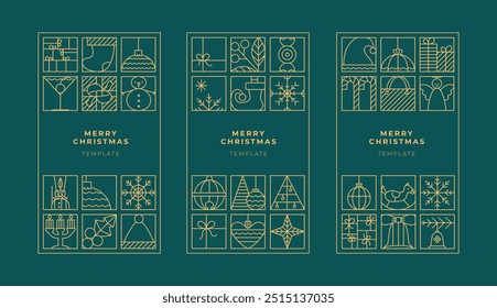 Christmas design for invitation, banner, card, flyer, cover, poster, advertising, menu. Gold line luxury new year vector templates on green.