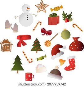 Christmas design kit. Vector illustration. Perfect for a set of stickers, scrapbooking, greeting card, poster, tags. Snowman, lollipop, gingerbread, spruce, mittens, scarf, Santa Claus hat, candy