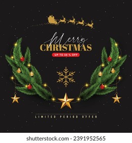 Christmas design with light bulb garland, fir tree wreath, glowing stars, gold glitter and balls on dark backround. Vector illustration. Template for banner, card or flyer.