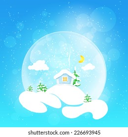 Christmas design. The little house with the moon and clouds and fir tree in snow globe on a bright defocused background with glittering lights and snowflakes, vector illustration