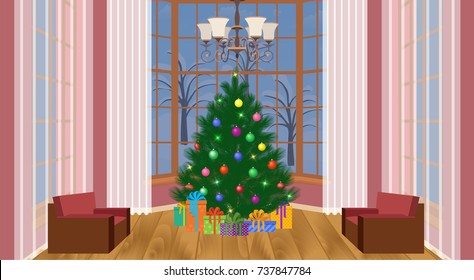 Christmas design living room interior with christmas tree and pile of gifts. Xmas and new year family holiday preparing domestic room with big windows and winter landscape outside Vector illustration