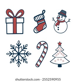 Christmas Design um ícone de logotipo com silhuetas de uma árvore de Natal, uma bengala de doces e um floco de neve. Silhuetas de vários ícones da árvore de Natal
