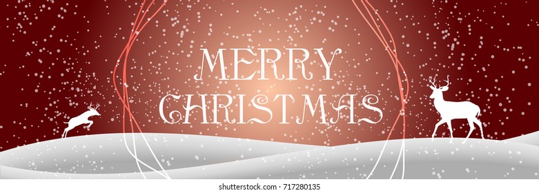 Christmas design on shiny background with winter landscape with snowflakes, light and deer. Merry Christmas card. Vector Illustration