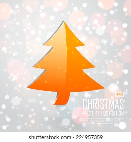 Christmas design. Orange tree on a grey background with bokeh and snowflake . Vector illustration