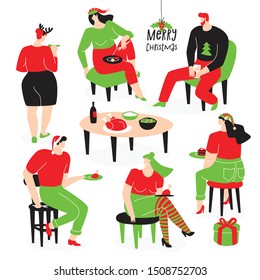 Christmas design with people. Family celebrates Christmas together with Christmas attributes, festive party.