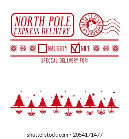 Christmas design for a personalized gift bag from Santa Claus. North pole express delivery. Naughty or nice checkboxes, Santa approves stamp. Template for xmas handmade gifts. Vector illustration.