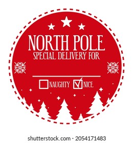 Christmas design for a personalized gift bag from Santa Claus. North pole special delivery for. Naughty or nice checkboxes. Vector illustration on white background. Template for xmas handmade gifts. 