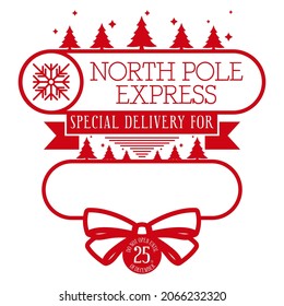 Christmas design for a personalized gift bag from Santa Claus. North pole express. Special delivery. Template for xmas handmade gifts. Vector illustration on white background