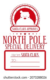 Christmas design for a personalized gift bag from Santa Claus. North pole special delivery. Template for xmas handmade gifts. Vector illustration