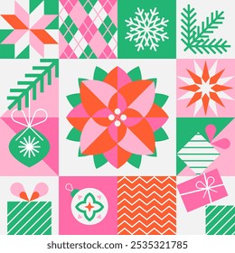 Christmas design with poinsettia, traditional plants symbol and xmas geometric icons elements. Winter holiday season. Trendy abstract design in flat minimalist style. Vector illustration for cover