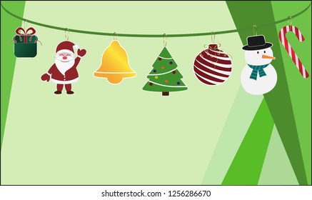 Christmas design of postal with new-year elements on a ribbon, for greeting or postal map, background with a christmas tree, box of gift, Santa Claus, by a bell, ball and sweetnesses