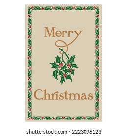 Christmas design for postcards. Retro style illustration featuring Holly and vintage Merry Christmas lettering, isolated on white, vector illustration