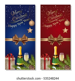 Christmas design. Red and blue vector gift card for Christmas and New Year with gift box, fir branches, Christmas tree, champagne, Christmas decorations and gold lettering on festive background