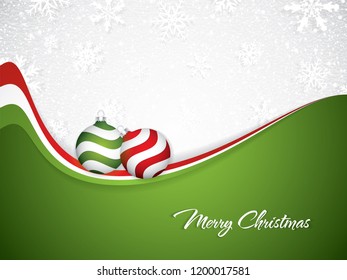 Christmas design with red and green balls on snowy background, vector illustration