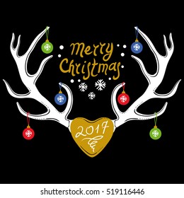 Christmas Design with Reindeer antlers isolated on black, vector. Merry Christmas / quote