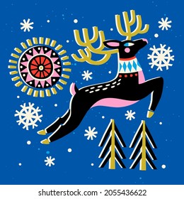  A Christmas design with reindeer, trees and snowflakes. Vector Christmas greeting card. For Christmas decoration, posters, banners, sales