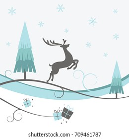 A Christmas design with reindeer, trees and snowflakes