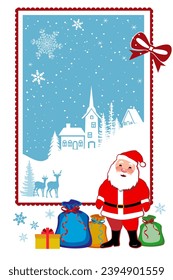 Christmas design. Santa Claus with bags of gifts, deer and  winter town on white background. Vector illustration.