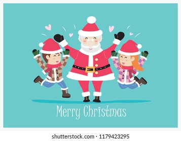 Christmas Design With Santa Claus and the kids on blue background.