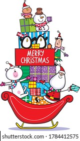 Christmas design of Santa and friends on his sleigh full of gifts.
