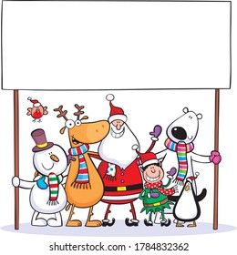 Christmas design of Santa, penguin, bear, elf, robin, snowman with a big sign.