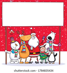 Christmas design of Santa, penguin, bear, elf, robin, and snowman with a big sign and red background.