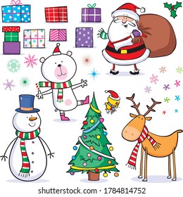 Christmas design of Santa, snowman, bear, robin and festive bits