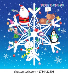 Christmas design of Santa, snowman, penguin, elf, and bear on a giant snowflake.