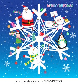 Christmas design of Santa, snowman, penguin, elf, and bear on a giant snowflake.