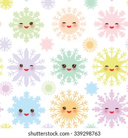 Christmas design seamless pattern, Kawaii snowflake set blue mint orange pink lilac funny face with eyes and pink cheeks on white background. Vector
