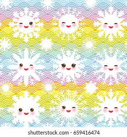 Christmas design seamless pattern, Kawaii white snowflake set funny face with eyes and pink cheeks on blue mint orange pink lilac japanese wave  background. Vector