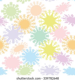 Christmas design seamless pattern, snowflake set blue mint orange pink lilac on white background. Vector