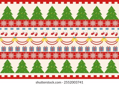 Christmas Design in a Seamless pattern with Christmas trees, gifts, socks, wrapping paper template on a festive background The concept of Christmas, New Year, Christmas Eve. 