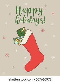 Christmas design for a seasonal greeting card. Hand drawn vector illustration on a light pastel background and isolated objects such as Christmas stocking, stars, text and snowflakes.  