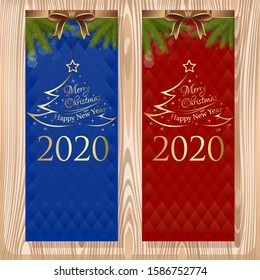 Christmas design set. Merry Christmas and Happy New Year 2020. Set vector greeting cards with ribbons, bows and fir branches on a wooden background