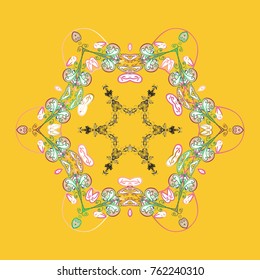For Christmas design. Snowflake winter isolated on yellow, white and green colors. Symbol of celebration. Vector illustration. New Year sign. Yellow, white and green icon silhouette.