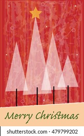 Christmas Design - Stylized white Christmas trees on red abstract background with Merry Christmas text at the bottom. Eps10