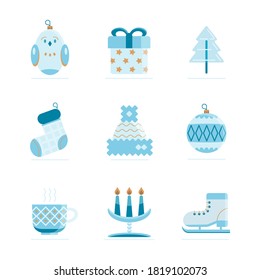 Christmas design template card. New year vector icons. Blue shades winter flat style illustrations