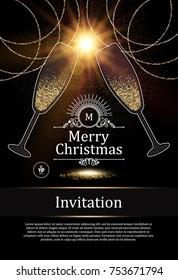 Christmas Design Template with Champagne Glasses, Gold Effects and Flash light. Vector illustration