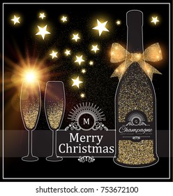 Christmas Design Template with Champagne Glasses, Wine Bottle, Bow, Gold Effects and Flash light. Vector illustration