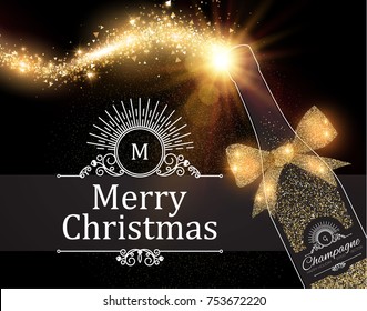 Christmas Design Template with Champagne Glasses, Wine Bottle, Bow, Gold Effects and Flash light. Vector illustration