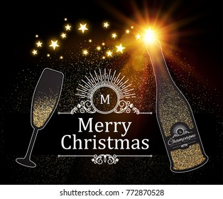 Christmas Design Template with Champagne Glasses, Wine Bottle, Gold Effects and Flash light.